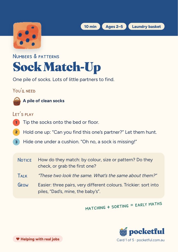 Sample card: Sock Match-Up, with Try this, Notice and Say sections